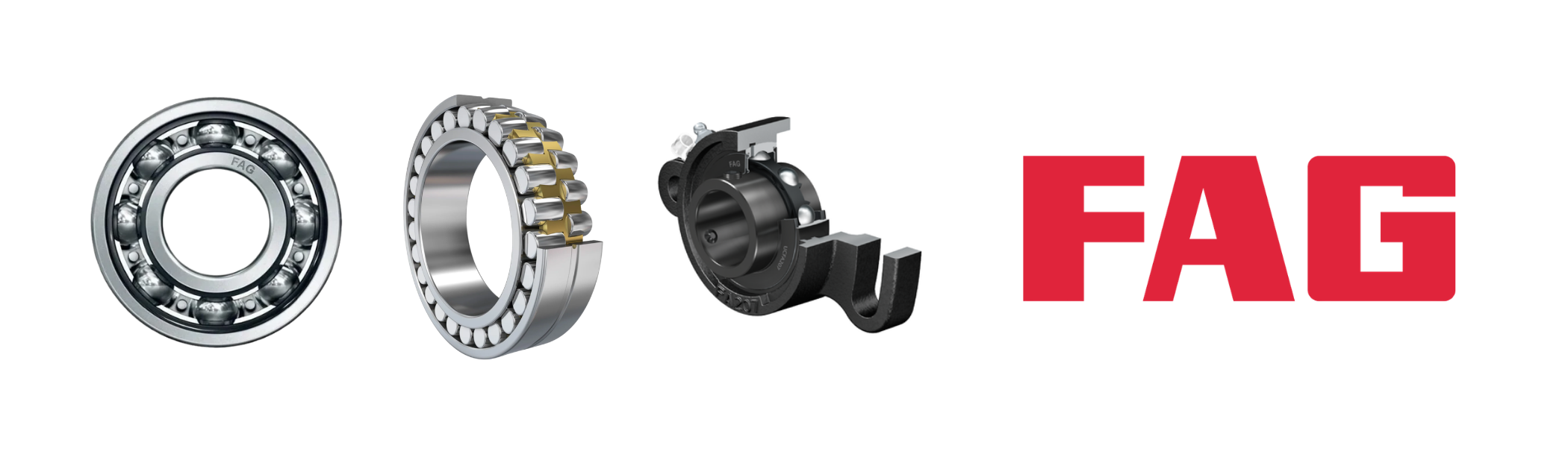 FAG deep groove ball bearing, spherical roller bearing with a brass cage shown in cutaway, and a black cast-housing mounted bearing unit, alongside the red FAG logo